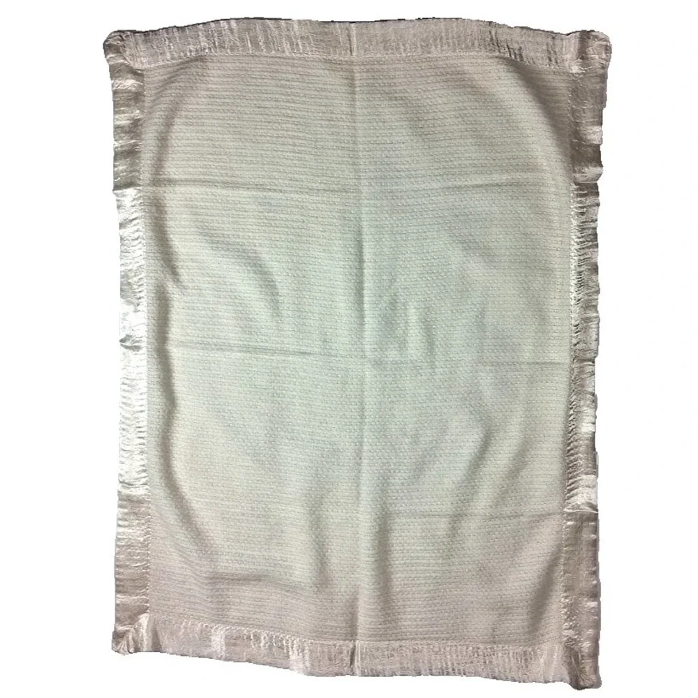 Vintage Unbranded Beige Thermal Baby Blanket Satin Trim Open Weave SOFT Lovey
